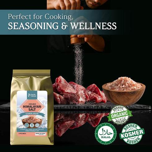 3 100% (Pack 1) Pacific Pelican Premium Iodized Himalayan Pink Salt | Coarse Grain, Unrefined, Pure Rock Salt | Pounds