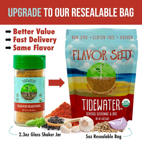 2.3oz Organic Seafood Seasoning - Tidewater by Flavor Seed, All Purpose Fish Seasoning for Shrimp, Crab Meat, Lobster