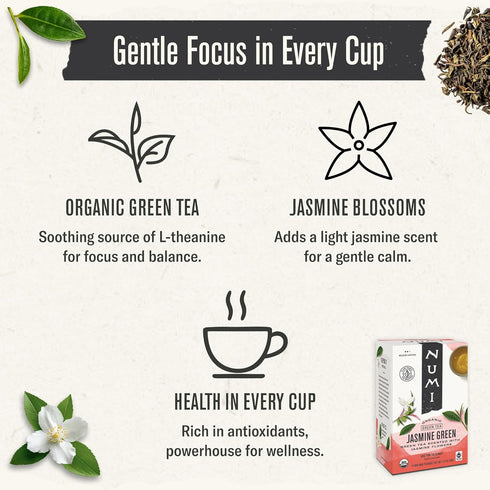 100 Numi Organic Green Tea with Jasmine, Green Tea Bags with Real Jasmine