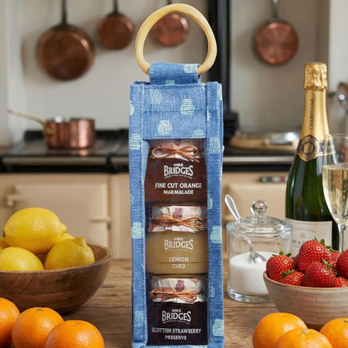 Set, Mrs Bridges Tall Triple Gift Strawberry Preserve with Champagne, Lemon Curd and Fine Cut Marmalade