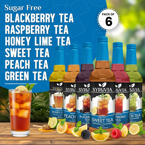 Pack 25.4 Oz (6 Pack) Syruvia Sugar Free Tea Syrup Variety Sweet Tea & Fruit Flavored Water Enhancer Drink Mix for Iced