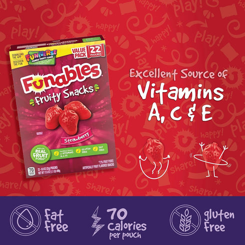 0.8 (22 Count) Funables Fruit Snacks, Strawberry Fruit Flavored Snacks, Ounce Pouches