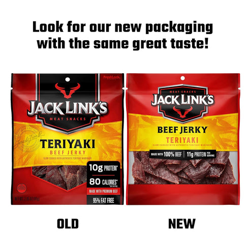 11g 80 100% 2.85 Oz. Jack Link's Beef Jerky, Teriyaki Jerky Bag Flavorful Meat Snack, Ready to Eat Protein Snack