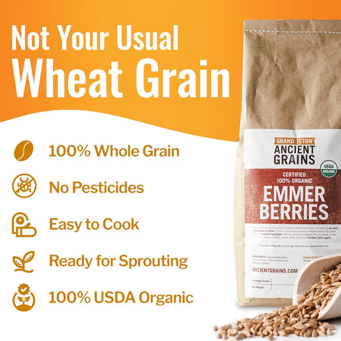 Emmer 100% Emmer 5 lbs Grand Teton - Ancient Grains Wheat Berries, Organic Berries, Premium Food-Grade Wheat Berries