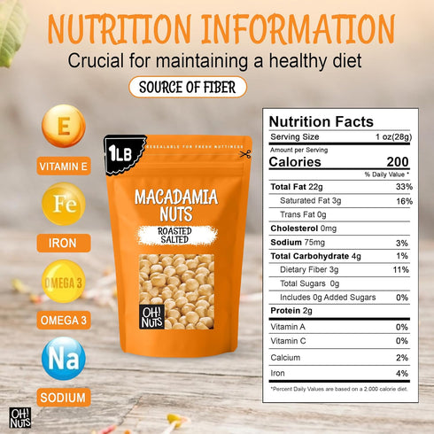 1 lb Oh! Nuts Roasted Salted Macadamia - - Macadamia Nuts Salted - Premium Roasted Macadamia