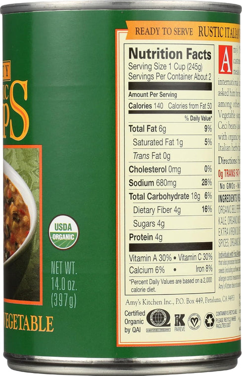 14 Oz Amys Soup, Vegan Hearty Rustic Italian Vegetable Soup, Gluten Free, Made With Organic Beans and Rice, Canned