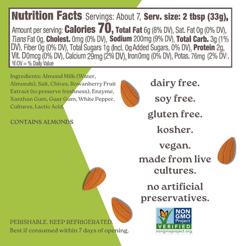 Kite Hill 8 30 Chive Almond Milk Cream Cheese Style Spread, Ounces, Dairy Free, Whole Approved, Gluten Free, Non-GMO