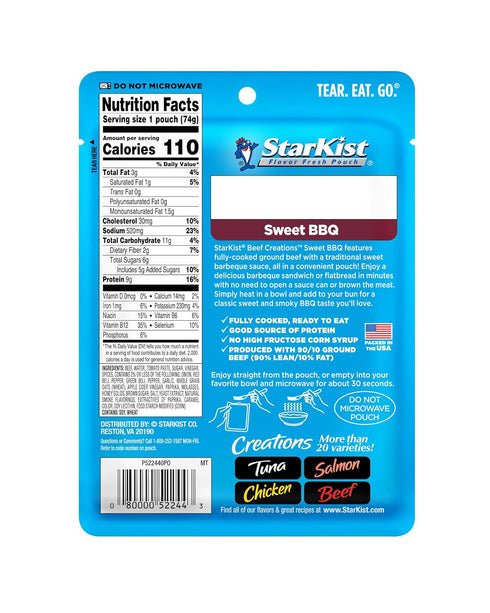 2.6 oz (Pack 2) StarKist Beef Creations Sweet BBQ, pouch