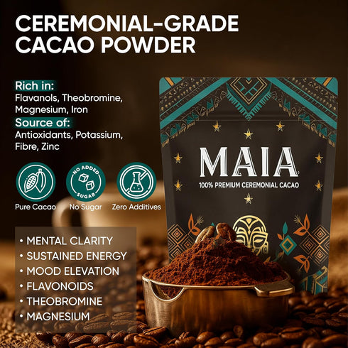 MAA Maia Ceremonial Cacao, Maia Cacao Powder Supplement with Flavanol, Theobromine, Magnesium & Flavonoids Blend