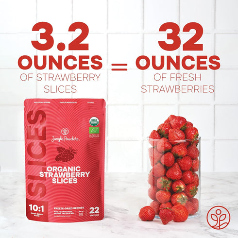 3.2 3.2 Jungle Powders Freeze Dried Strawberries Organic USDA Certified Strawberry Slices Ounce Bag + Whole Black