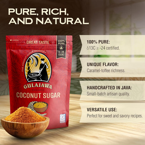 GULAJAWA 100% 1lb. Javanese Coconut Sugar Pure Palm Sugar Caramel-Toffee Flavor for Beverages, Baking, Dry Rubs
