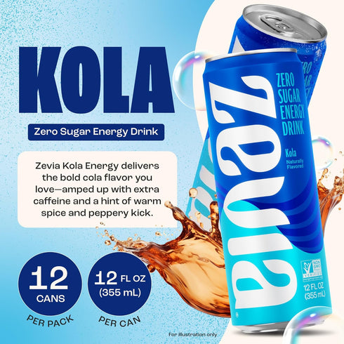 12 oz (12-Pack) Zevia Zero Sugar Energy Drink, Kola, Cans Naturally Sweetened, Non-GMO Project Verified, Gluten-Free