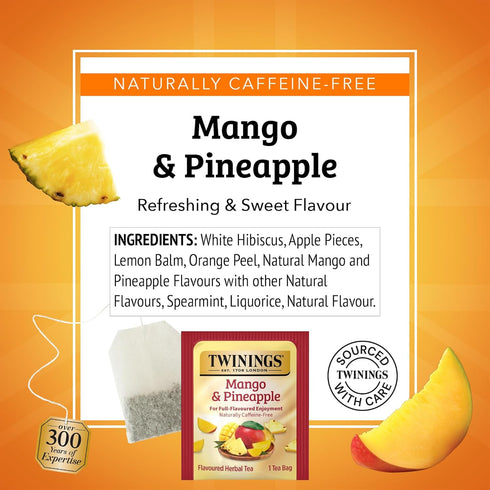 20 Count (Pack 1), 20 Twinings Mango & Pineapple Herbal Tea Individually Wrapped Bags, of Naturally Caffeine-Free