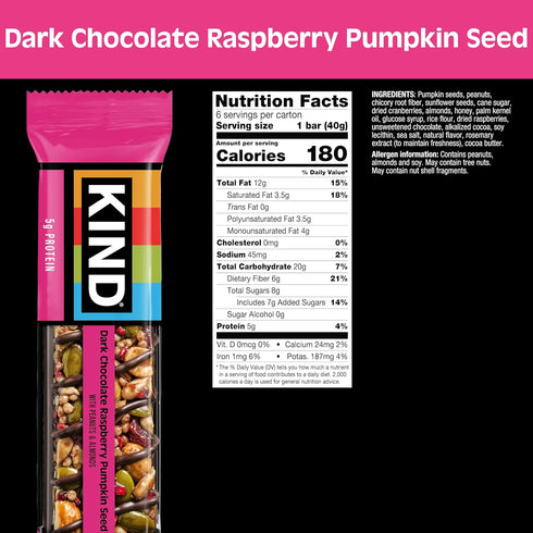 5g 36 Count KIND Healthy Snacks Bars, Dark Chocolate Raspberry Pumpkin Seed, Gluten Free, High Fiber Snacks, Protein