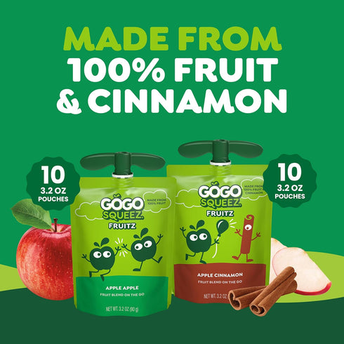 Pack, 3.2 oz (Pack 20), GoGo squeeZ No Sugar Added Applesauce and Fruit Puree Variety Apple & Cinnamon, Pouches