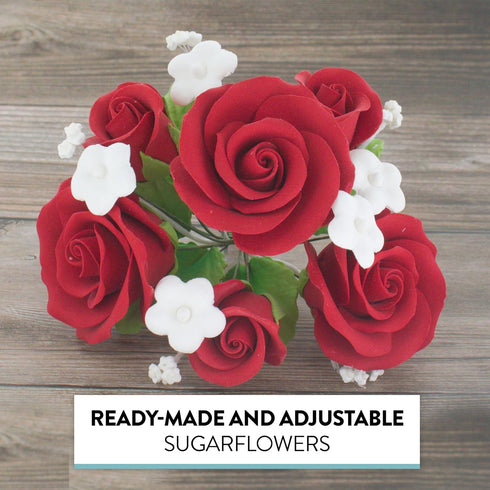 1 Count, Global Sugar Art Garden Rose Sugar Cake Flowers Topper Bouquet, Red with White Filler Flowers, by Chef Alan