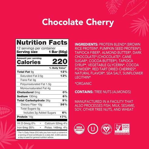 12 ALOHA Organic Plant Based Protein Bars - Chocolate Cherry - Bars, Vegan, Low Sugar, Gluten-Free, Paleo, Low Carb