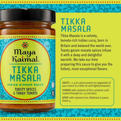 Simmer GaramMasala 12.5 oz Maya Kaimal Tikka Masala Sauce, Mild Indian Sauce with Tomato and Spices. Vegetarian, Gluten