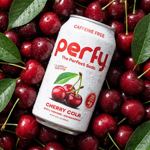 12-Pack PERFY Caffeine Free Cherry Cola Soda | Made With Real Juice Low Sugar Nootropic Drink with L-Theanine +