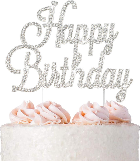 Happy Birthday Cake Topper - Premium Silver Metal, Sparkly Rhinestone Decoration for Party Centerpiece, Now Protected