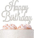 Happy Birthday Cake Topper - Premium Silver Metal, Sparkly Rhinestone Decoration for Party Centerpiece, Now Protected
