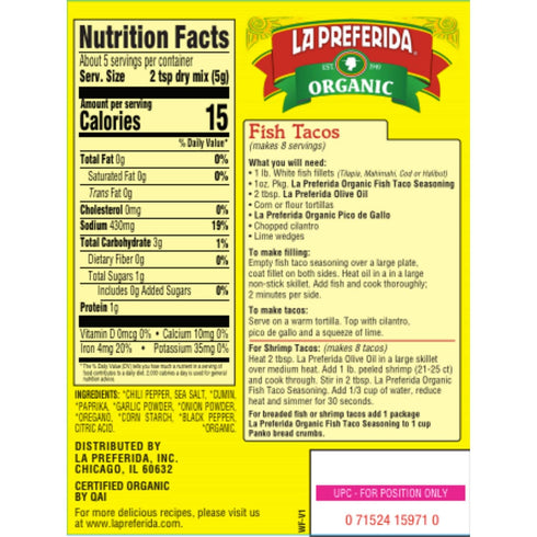 1oz (Pack 6) La Preferida Organic Fish Taco Seasoning (Chef-Crafted Mexican Spice Blend) Chili, Cumin & Oregano USDA
