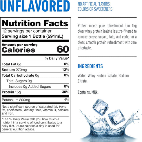 15g 20 oz 12-Pack Isopure Clear Protein Water with Electrolytes, Whey Protein Isolate, Zero Sugar, Unflavored, fl