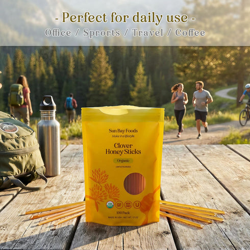 Sun Bay Foods 100% (100 Count)) Sunbay Foods Honey Sticks, Organic Clover Raw Honey Straws, Pure Natural Sweetener