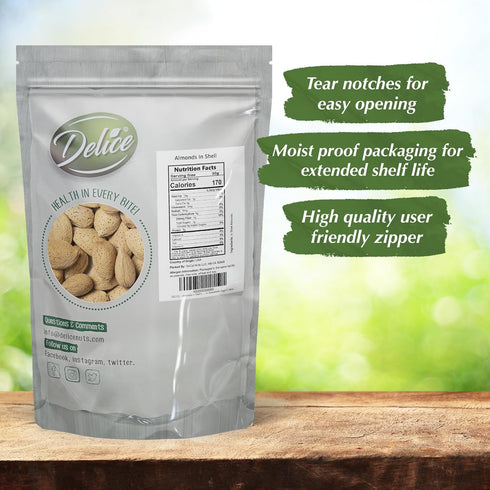 Packed (2 LBS) DELICE - Almonds In Shell | Grown and in California | Fresh Buttery Taste and Easy to Crack | Whole, Raw