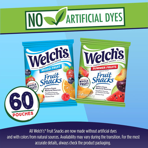 Summer 0.8oz Packs (Pack 60) Welch's Fruit Snacks, Mixed Fruit & Fruits Snack Box, Gluten Free, Snack