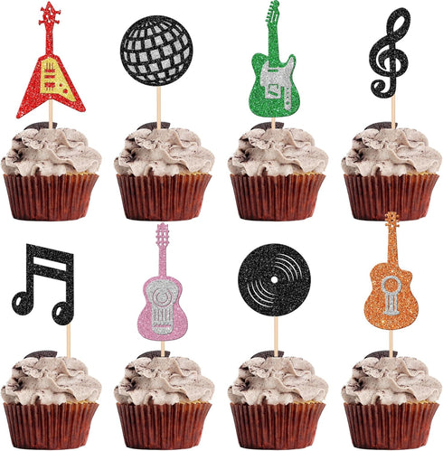 24 Pack Guitar Cupcake Toppers Music Notes Cupcake Toppers Glitter Guitar Rock