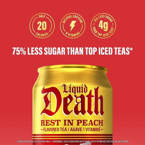 12 Oz (Pack 12) Liquid Death Iced Tea - Rest In Peach (Peach-Flavored Black Tea), Less Sugar*, Boost of Caffeine, B