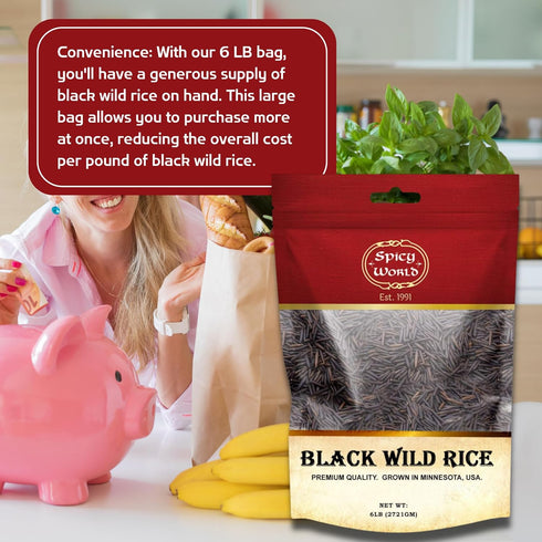Spicy World 6 Minnesota Grown Black Wild Rice Pound Bag - Premium Quality, All Natural - by