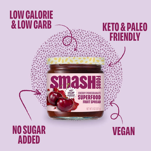 (6 Smash Foods Cherry Pomegranate Jam | Low-Calorie, No Sugar Added Keto Jam with Upcycled Fruit & Chia Seeds | Vegan