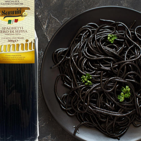 500g (Pack 4) Sanniti Nero di Seppia Spaghetti, | Premium Italian Squid Ink Pasta | Rich Gourmet Flavor | Crafted