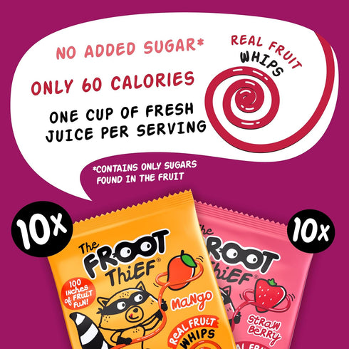Pack, 10xStrawberry, 10xMango The FROOT Thief Real Fruit Snack Whips BIG Variety Nut Free, Individual Bags for Kids