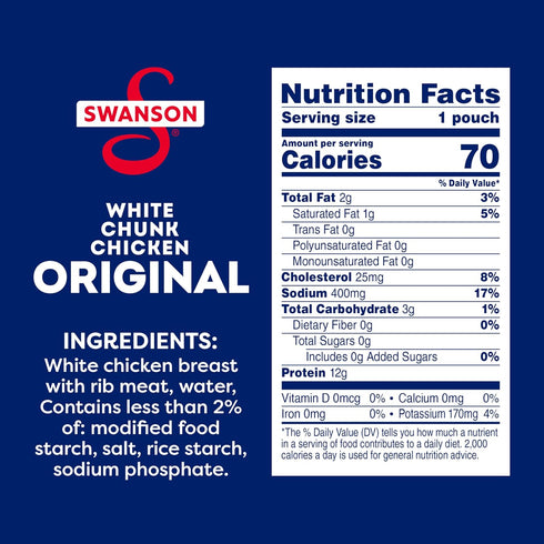 2.6 OZ 12) Swanson Original White Chunk Fully Cooked Chicken, Ready to Eat, Simple On-the-Go Meals, Pouch (Case
