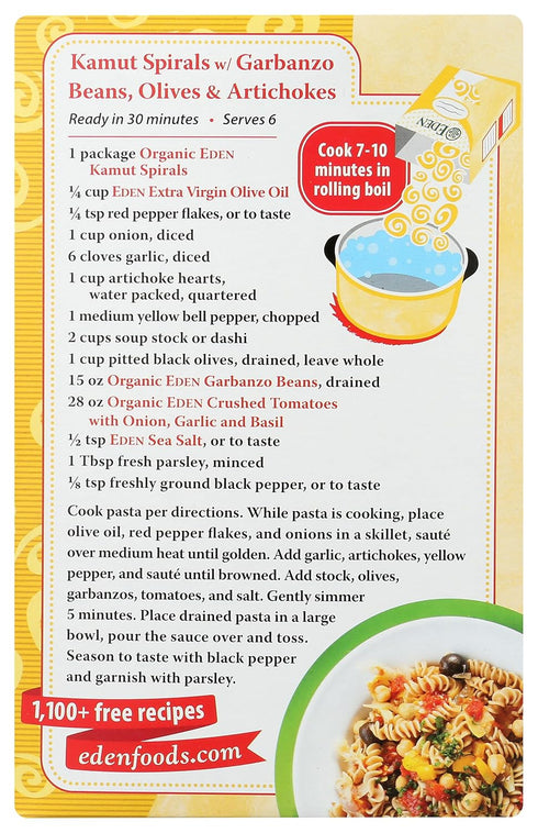 12 oz, 100% Eden Organic Kamut Spirals, Whole Grain, Fusilli, Macaroni Cut, Non-GMO