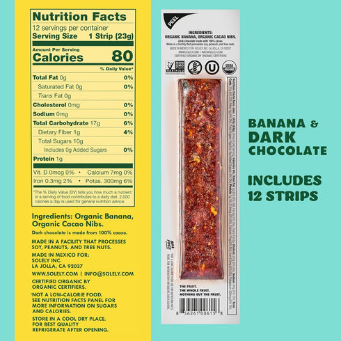 12 0.8oz (23g) SOLELY - Organic Banana Chocolate Drizzled Fruit Jerky - Individually Wrapped Strips - Fruit Leather