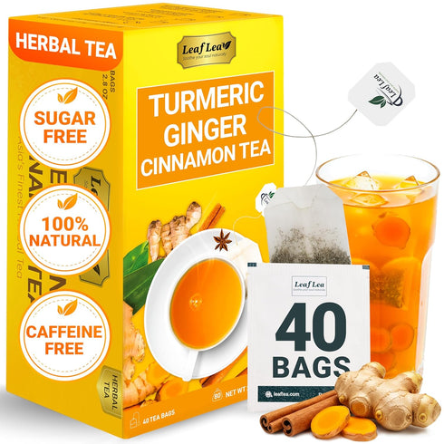 LeafLea 40 Turmeric Ginger Cinnamon Tea Bags, 100% Natural Ingredients Herbal Tea,