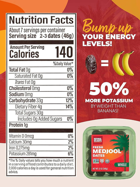 12 oz (Pack 2) Natural Delights Medjool Dates Whole - Non-GMO Verified Fruit, Good Source of Fiber & Potassium