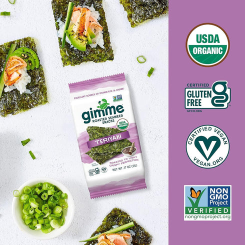 Gimme 20 Count, Omega3s Seaweed Organic Premium Roasted Seaweed Snacks, Teriyaki, Keto, Vegan, Gluten-Free, Great