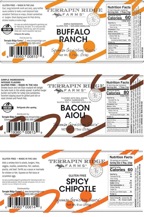 Set (3 Terrapin Ridge Farms Squeeze Me Baby Sampler One Each of Buffalo Ranch, Bacon Aioli, and Spicy Chipotle