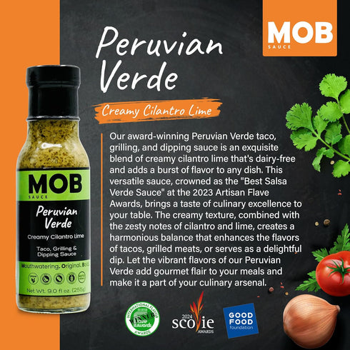 MOB Sauce Peruvian Verde – Award Winning, Creamy Cilantro Lime Taco, Grilling & Dipping Sauce that’s Vegan, Gluten-Free, Keto-Friendly with Natural Ingredients Free of Preservatives – 9 fl oz