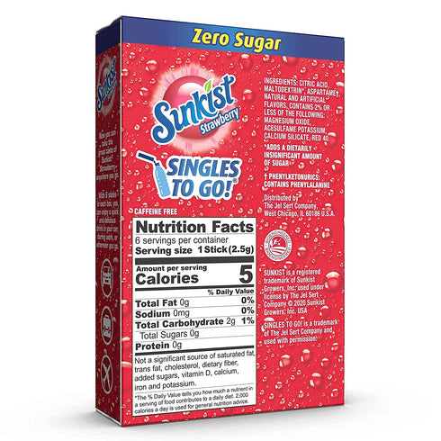 6 6 Packets 36 SINGLES TO GO! Sunkist Singles To Go Drink Mix Strawberry, Boxes with Each - Total Servings