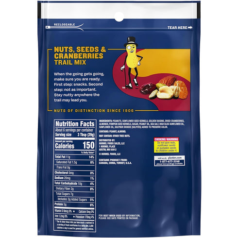 6 oz Planters Nuts (Seeds & Cranberries Trail Mix with Roasted Peanuts & Almonds, Sunflower Kernels, Golden Raisins