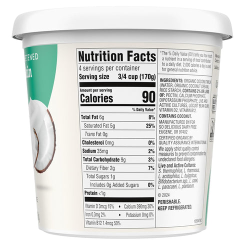 SO DELICIOUS 24 oz Dairy Free Coconut Milk Yogurt Alternative, Unsweetened, Plain, Vegan, Gluten Free, Non-GMO, Creamy