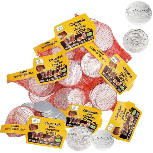 The Dreidel Company Hanukkah Gelt,12 Mesh Bags Dark Bittersweet Non Dairy Parve