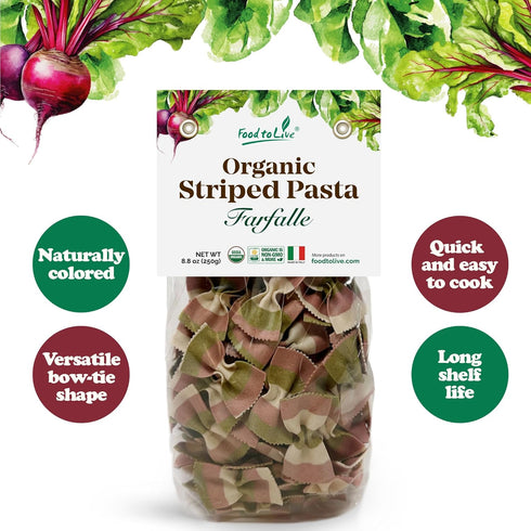 8.8 oz (Pack 6) Food to Live Organic Striped Farfalle Pasta, of - Italian Artisan Tri-Color Bow-Tie Pasta. Made
