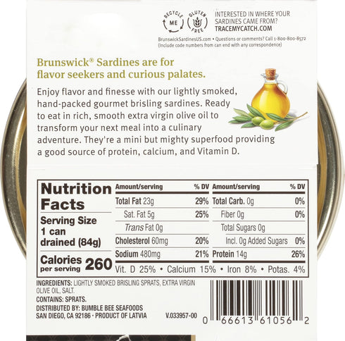 4.23 oz (Pack 12) 14g Brunswick Wild Caught Gourmet Brisling Sardines in Extra Virgin Olive Oil, Can of - Protein per